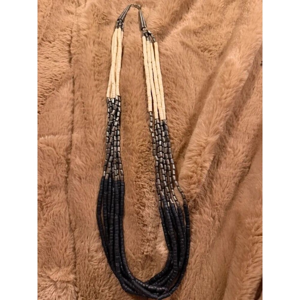 Vintage Boho Multi-Strand Beaded Statement Necklace - Cream, Silver & Black